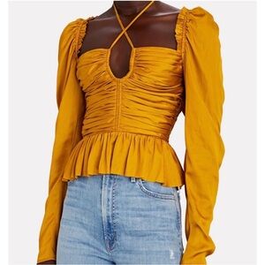 Ulla Johnson | Mirelle Plissé Satin Peplum Blouse Longsleeve golden yellow sz 6